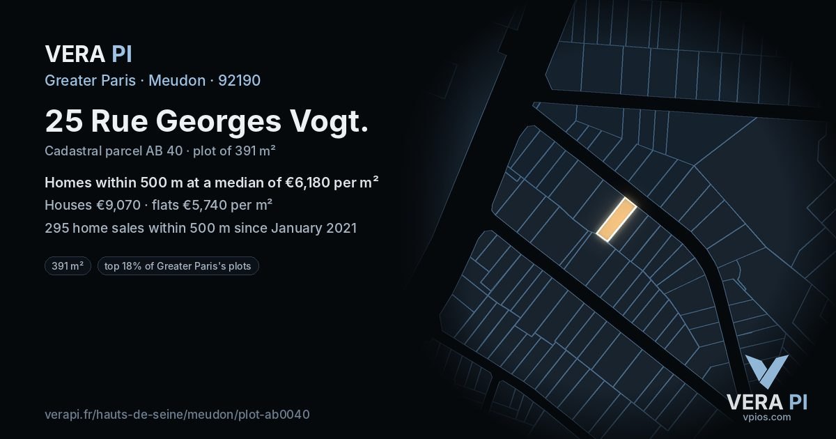 25 Rue Georges Vogt, Meudon at night – the plot lit, the parcels around coloured by the prices near them