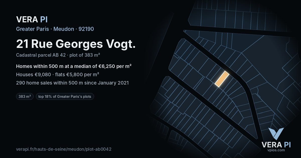 21 Rue Georges Vogt, Meudon at night – the plot lit, the parcels around coloured by the prices near them