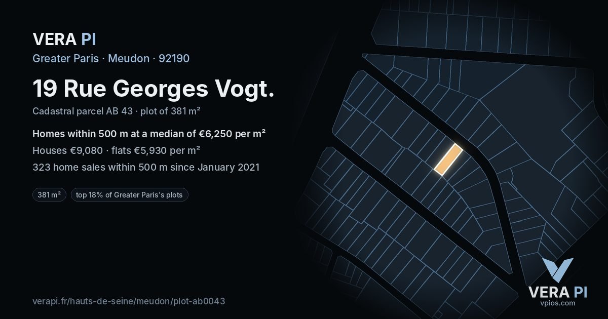 19 Rue Georges Vogt, Meudon at night – the plot lit, the parcels around coloured by the prices near them
