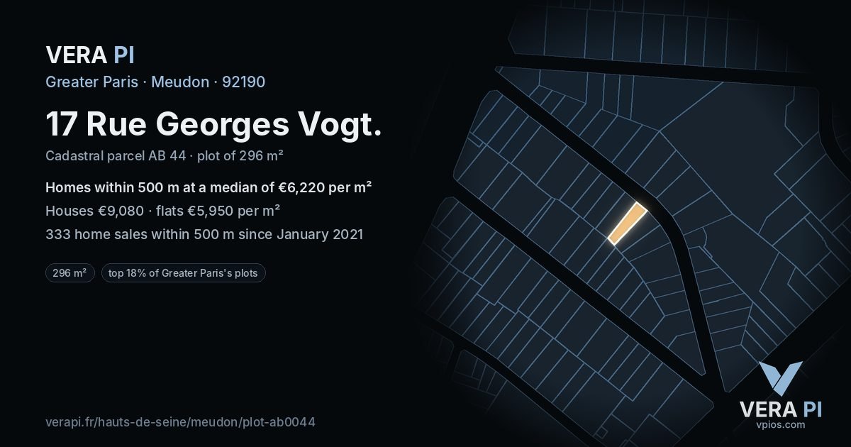 17 Rue Georges Vogt, Meudon at night – the plot lit, the parcels around coloured by the prices near them