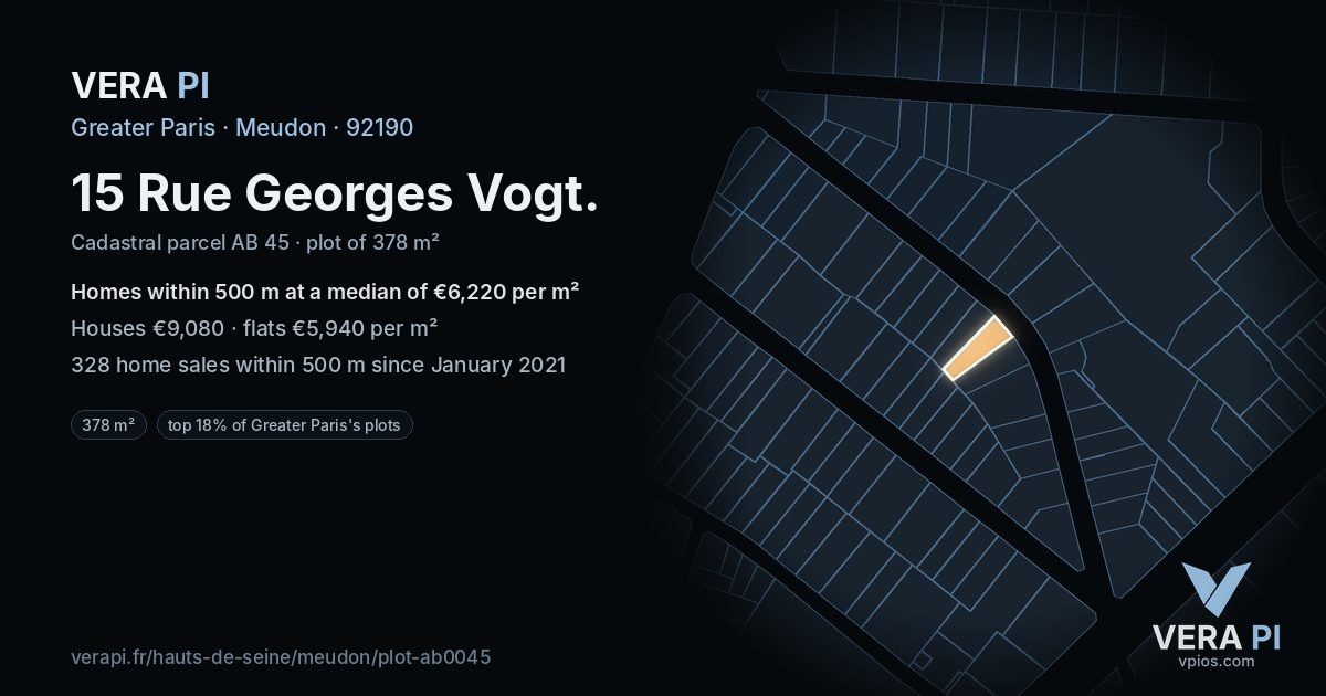 15 Rue Georges Vogt, Meudon at night – the plot lit, the parcels around coloured by the prices near them