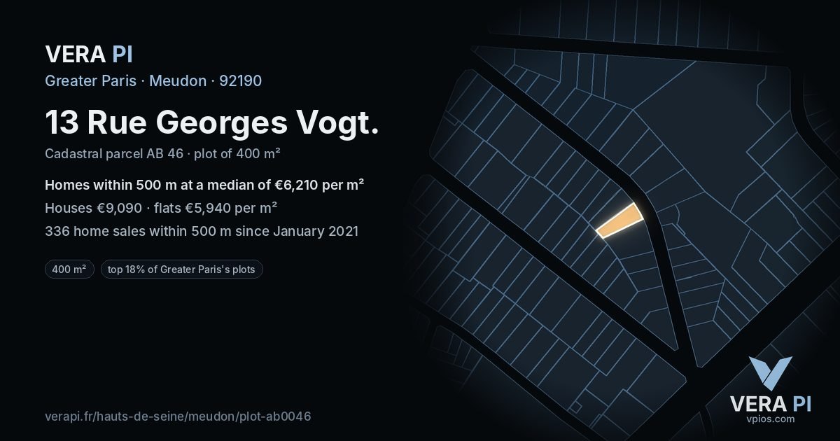 13 Rue Georges Vogt, Meudon at night – the plot lit, the parcels around coloured by the prices near them