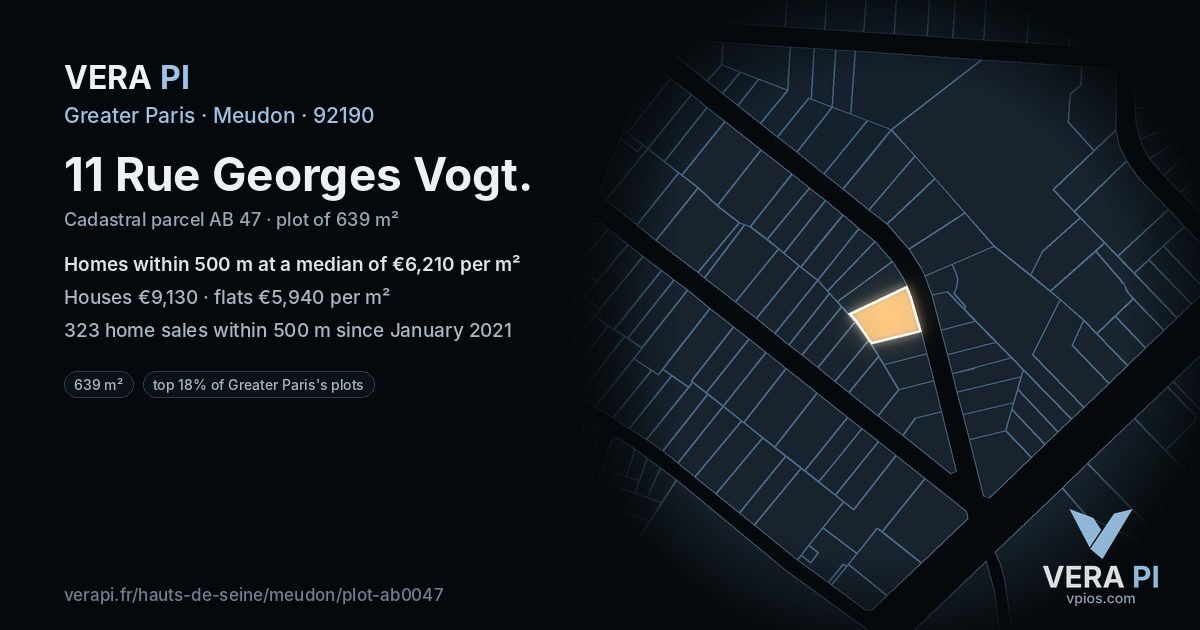 11 Rue Georges Vogt, Meudon at night – the plot lit, the parcels around coloured by the prices near them