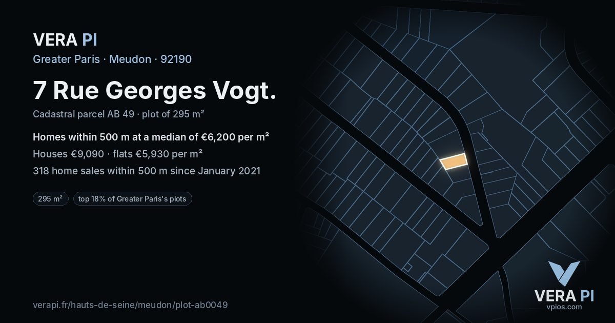 7 Rue Georges Vogt, Meudon at night – the plot lit, the parcels around coloured by the prices near them