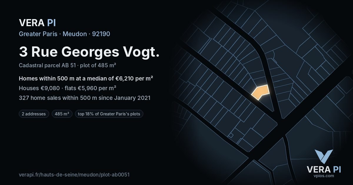 3 Rue Georges Vogt, Meudon at night – the plot lit, the parcels around coloured by the prices near them
