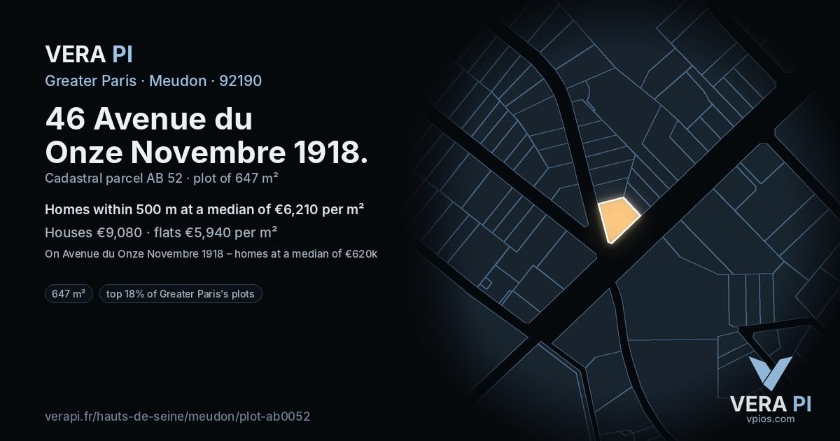 46 Avenue du Onze Novembre 1918, Meudon at night – the plot lit, the parcels around coloured by the prices near them