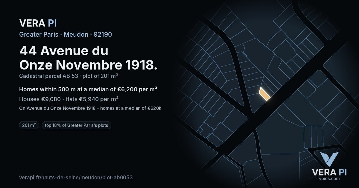 44 Avenue du Onze Novembre 1918, Meudon at night – the plot lit, the parcels around coloured by the prices near them