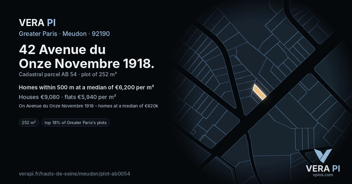 42 Avenue du Onze Novembre 1918, Meudon at night – the plot lit, the parcels around coloured by the prices near them