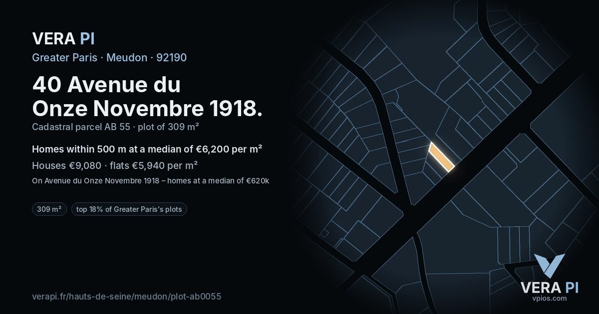 40 Avenue du Onze Novembre 1918, Meudon at night – the plot lit, the parcels around coloured by the prices near them