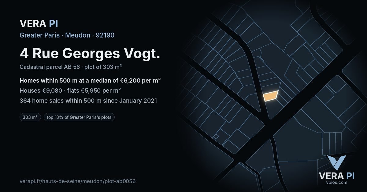 4 Rue Georges Vogt, Meudon at night – the plot lit, the parcels around coloured by the prices near them