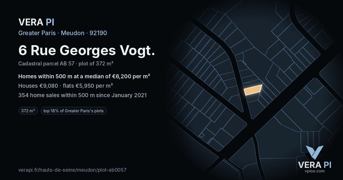 6 Rue Georges Vogt, Meudon at night – the plot lit, the parcels around coloured by the prices near them