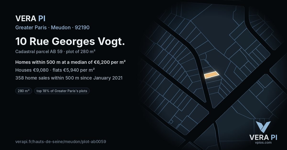 10 Rue Georges Vogt, Meudon at night – the plot lit, the parcels around coloured by the prices near them