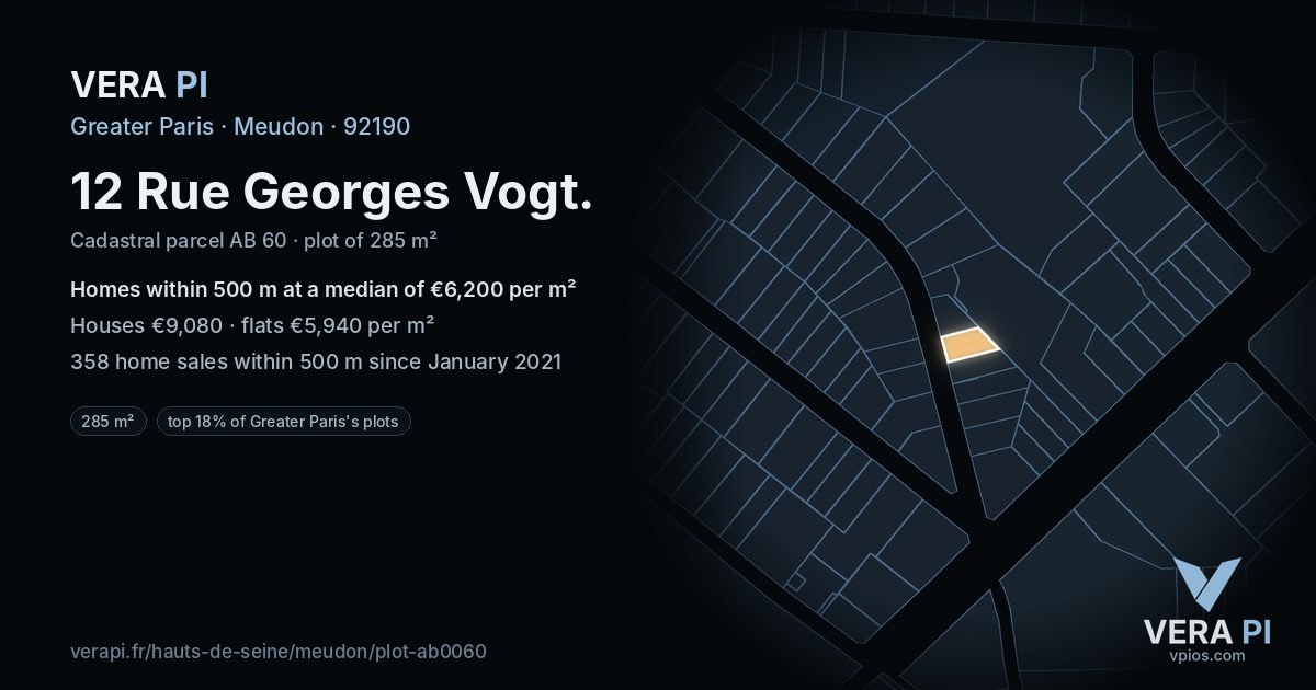 12 Rue Georges Vogt, Meudon at night – the plot lit, the parcels around coloured by the prices near them