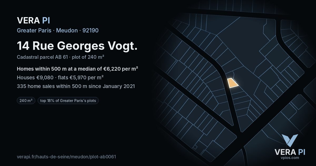 14 Rue Georges Vogt, Meudon at night – the plot lit, the parcels around coloured by the prices near them