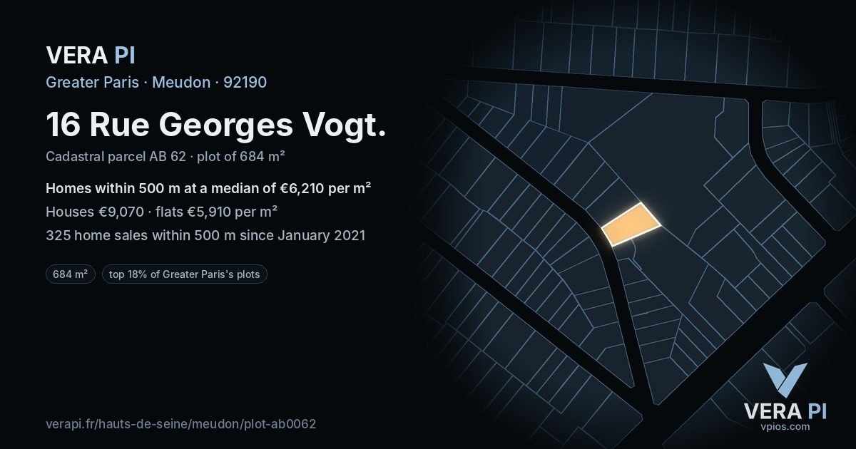 16 Rue Georges Vogt, Meudon at night – the plot lit, the parcels around coloured by the prices near them