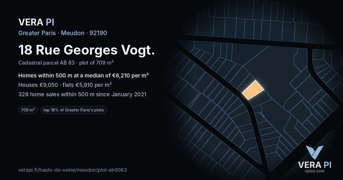 18 Rue Georges Vogt, Meudon at night – the plot lit, the parcels around coloured by the prices near them
