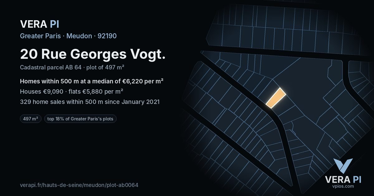 20 Rue Georges Vogt, Meudon at night – the plot lit, the parcels around coloured by the prices near them