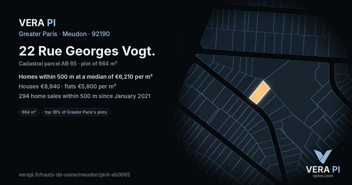 22 Rue Georges Vogt, Meudon at night – the plot lit, the parcels around coloured by the prices near them