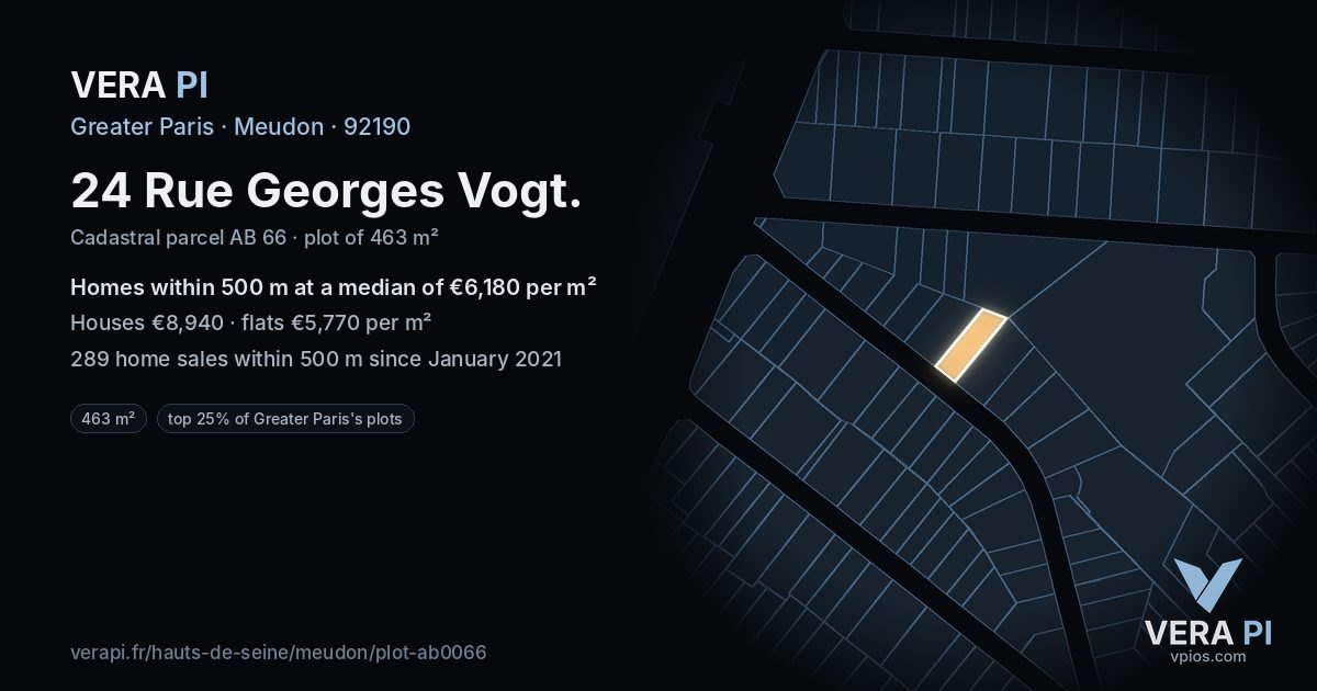 24 Rue Georges Vogt, Meudon at night – the plot lit, the parcels around coloured by the prices near them