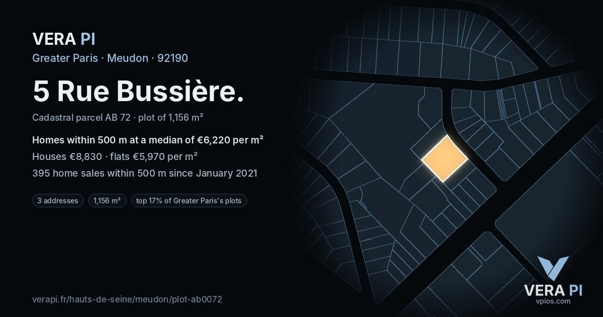 5 Rue Bussière, Meudon at night – the plot lit, the parcels around coloured by the prices near them