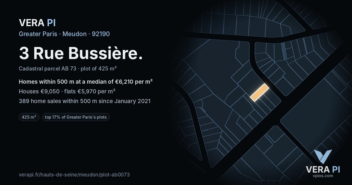 3 Rue Bussière, Meudon at night – the plot lit, the parcels around coloured by the prices near them