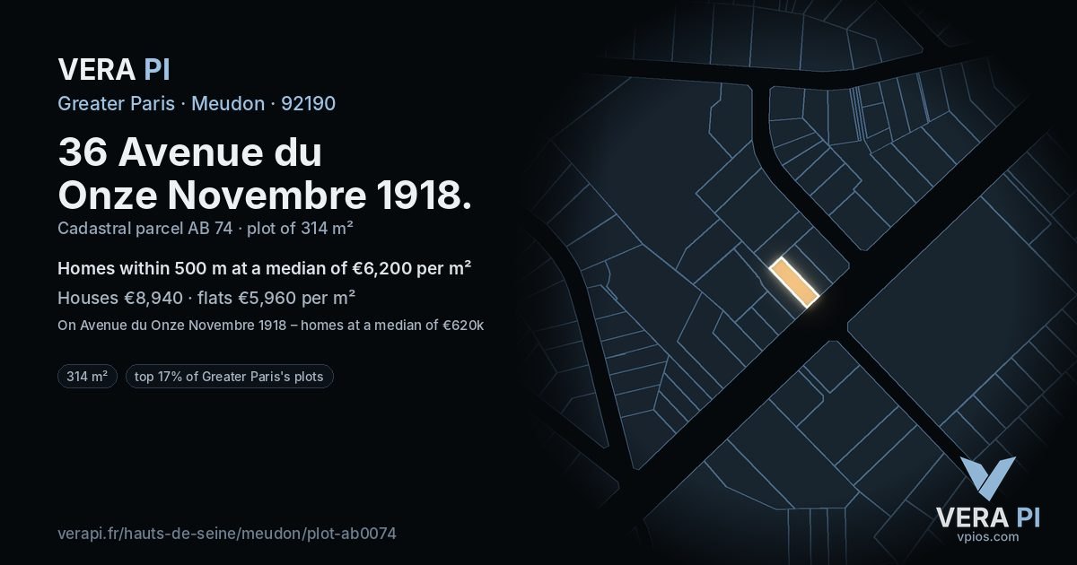36 Avenue du Onze Novembre 1918, Meudon at night – the plot lit, the parcels around coloured by the prices near them