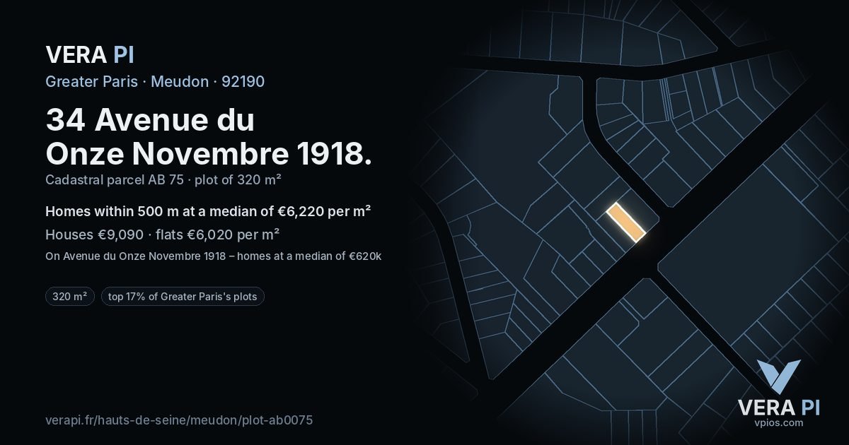 34 Avenue du Onze Novembre 1918, Meudon at night – the plot lit, the parcels around coloured by the prices near them