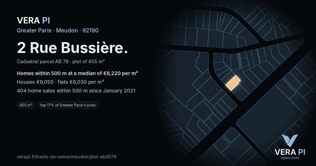 2 Rue Bussière, Meudon at night – the plot lit, the parcels around coloured by the prices near them