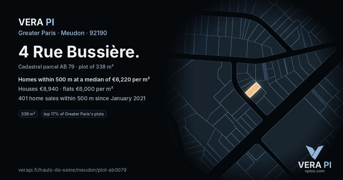 4 Rue Bussière, Meudon at night – the plot lit, the parcels around coloured by the prices near them