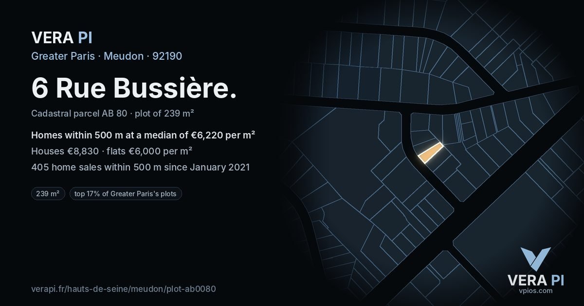 6 Rue Bussière, Meudon at night – the plot lit, the parcels around coloured by the prices near them