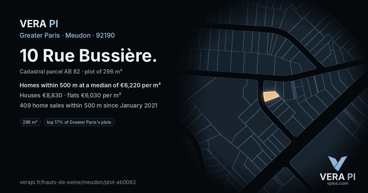 10 Rue Bussière, Meudon at night – the plot lit, the parcels around coloured by the prices near them