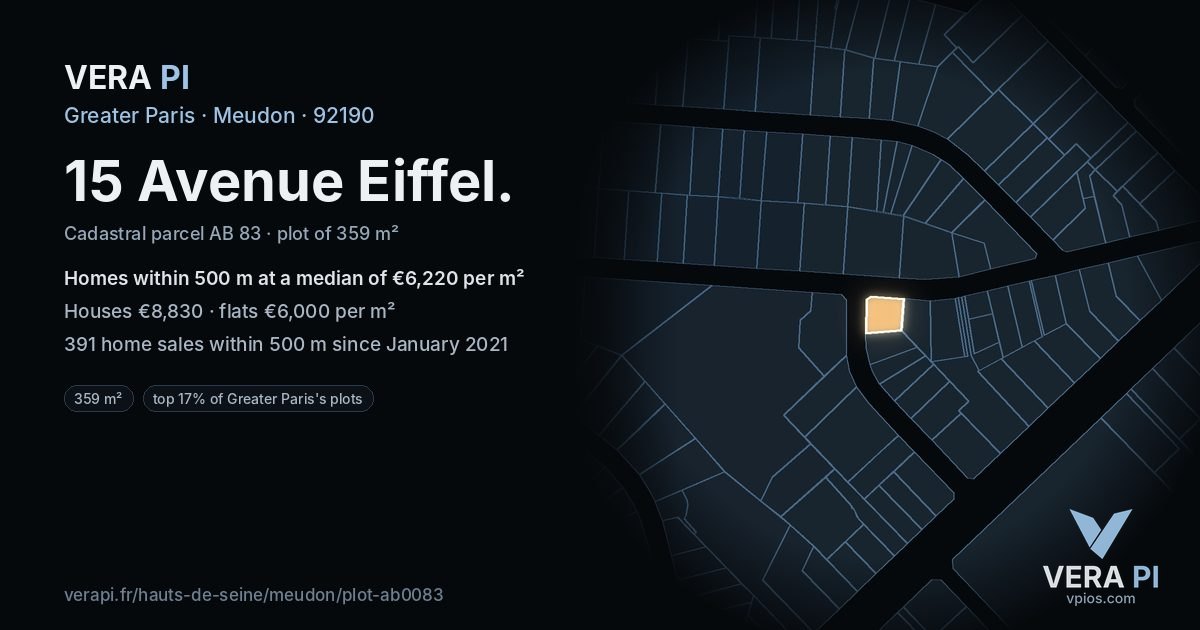 15 Avenue Eiffel, Meudon at night – the plot lit, the parcels around coloured by the prices near them