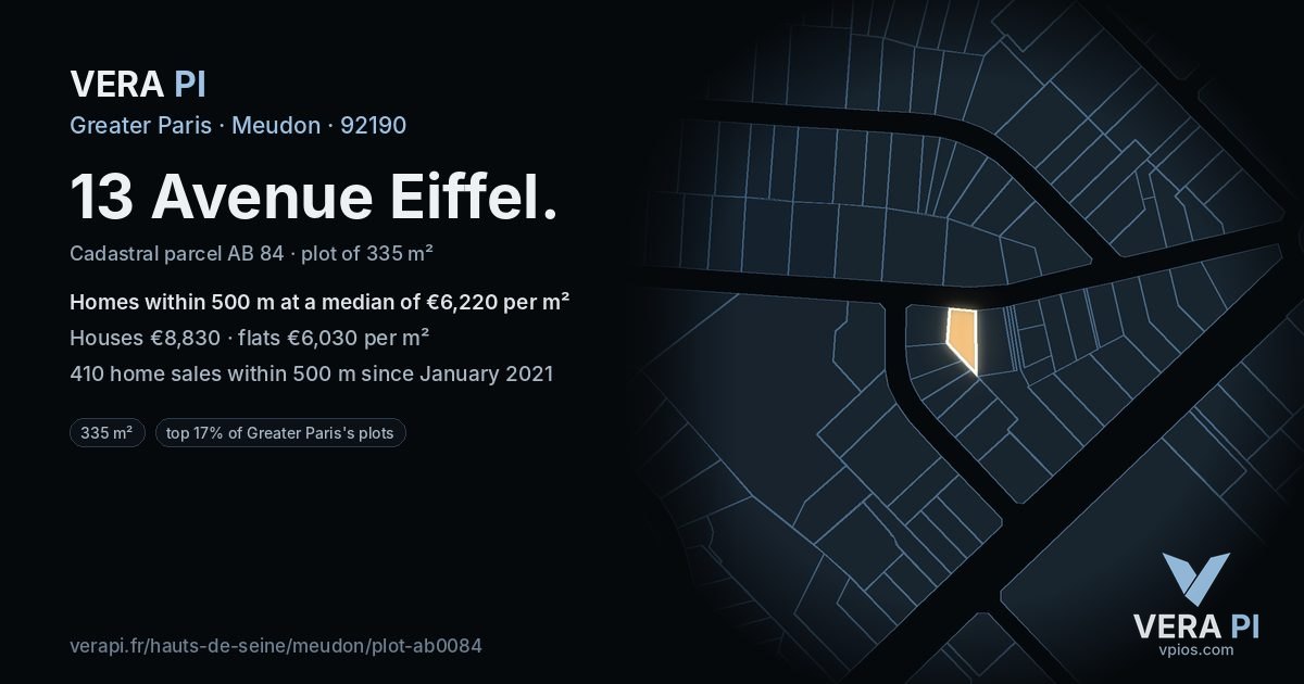 13 Avenue Eiffel, Meudon at night – the plot lit, the parcels around coloured by the prices near them