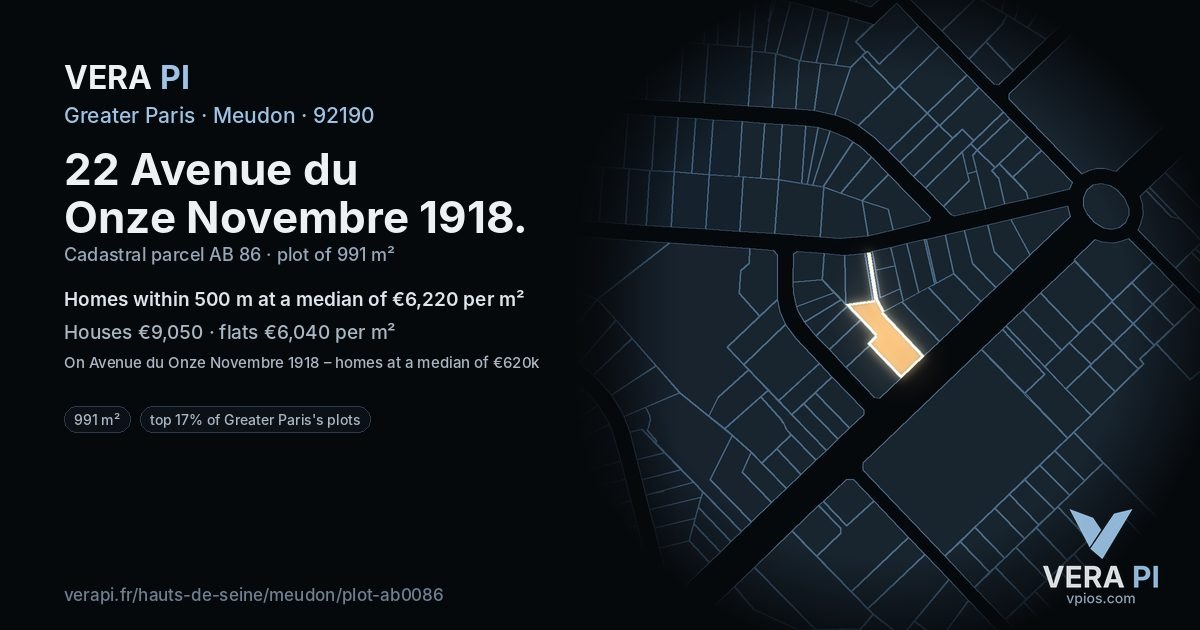 22 Avenue du Onze Novembre 1918, Meudon at night – the plot lit, the parcels around coloured by the prices near them