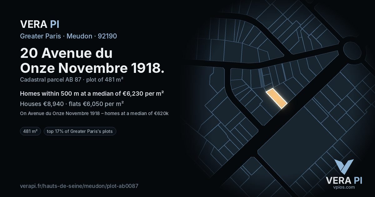 20 Avenue du Onze Novembre 1918, Meudon at night – the plot lit, the parcels around coloured by the prices near them