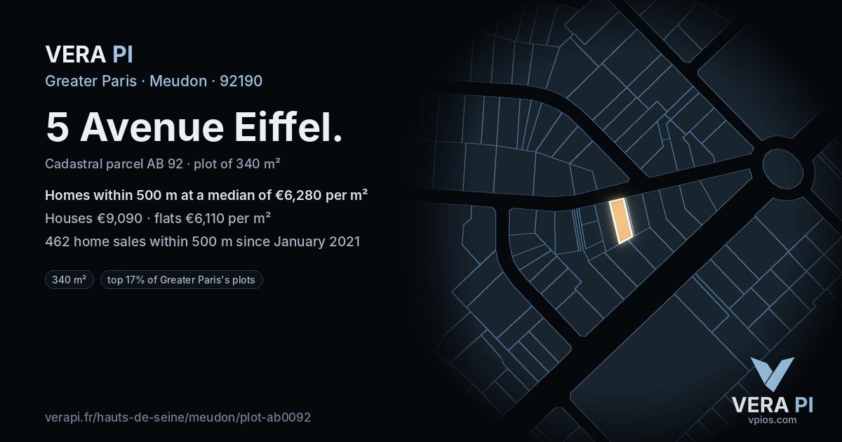 5 Avenue Eiffel, Meudon at night – the plot lit, the parcels around coloured by the prices near them