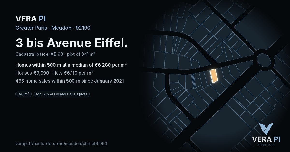 3 bis Avenue Eiffel, Meudon at night – the plot lit, the parcels around coloured by the prices near them
