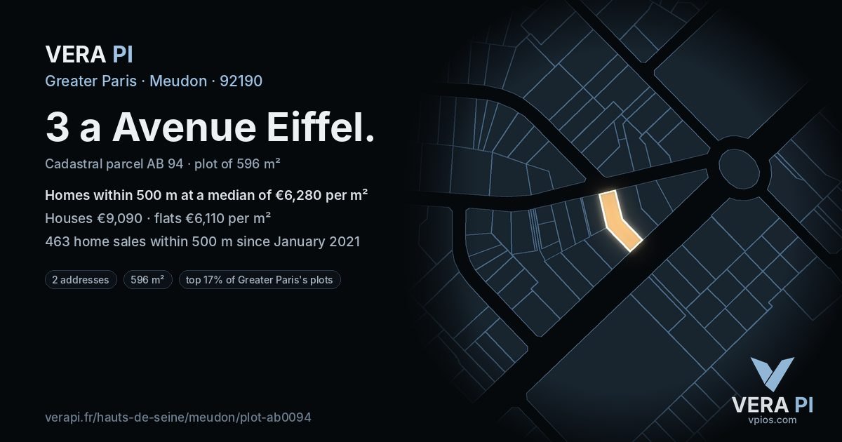 3 a Avenue Eiffel, Meudon at night – the plot lit, the parcels around coloured by the prices near them