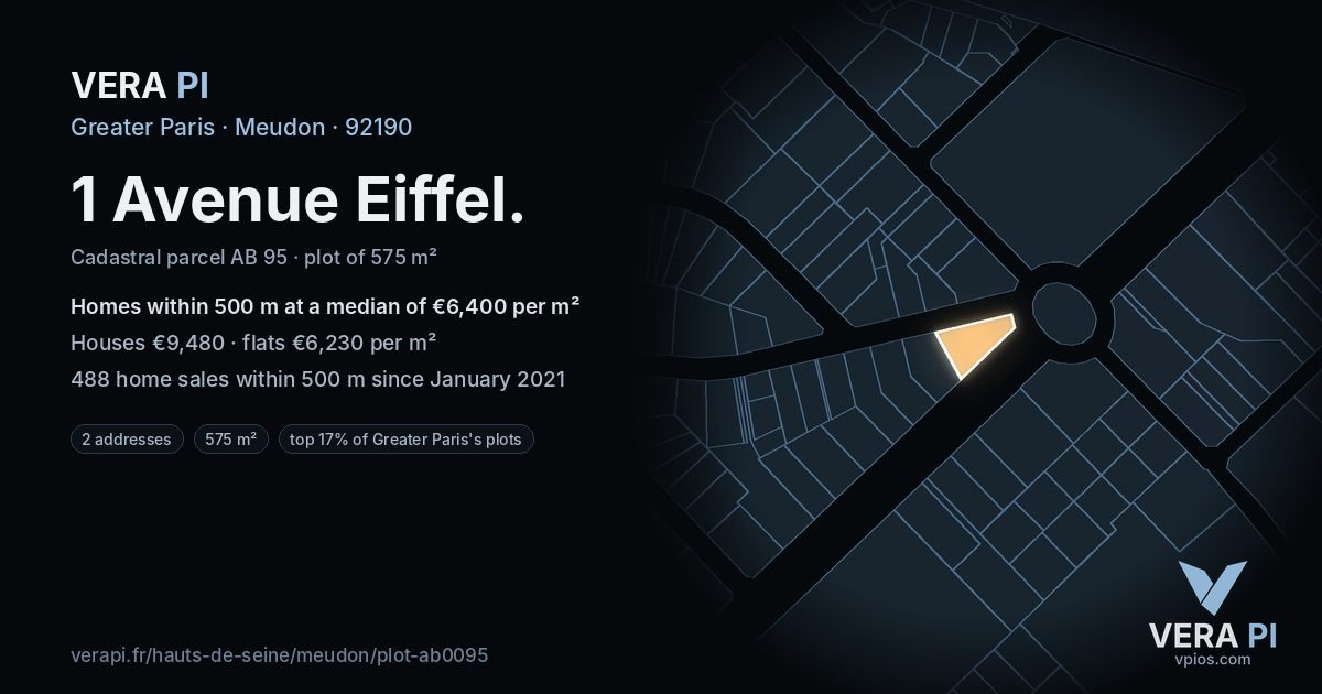 1 Avenue Eiffel, Meudon at night – the plot lit, the parcels around coloured by the prices near them