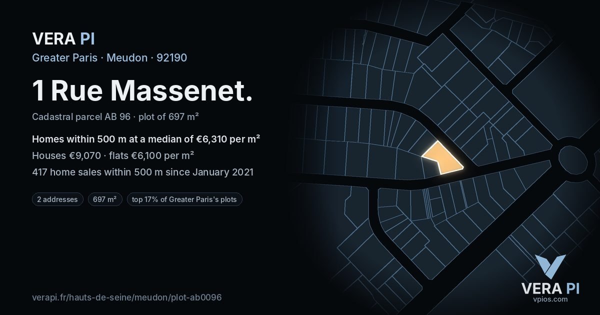 1 Rue Massenet, Meudon at night – the plot lit, the parcels around coloured by the prices near them