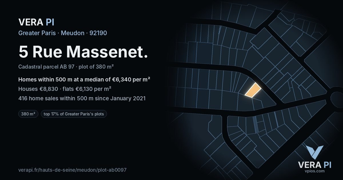 5 Rue Massenet, Meudon at night – the plot lit, the parcels around coloured by the prices near them