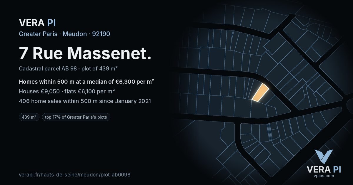 7 Rue Massenet, Meudon at night – the plot lit, the parcels around coloured by the prices near them