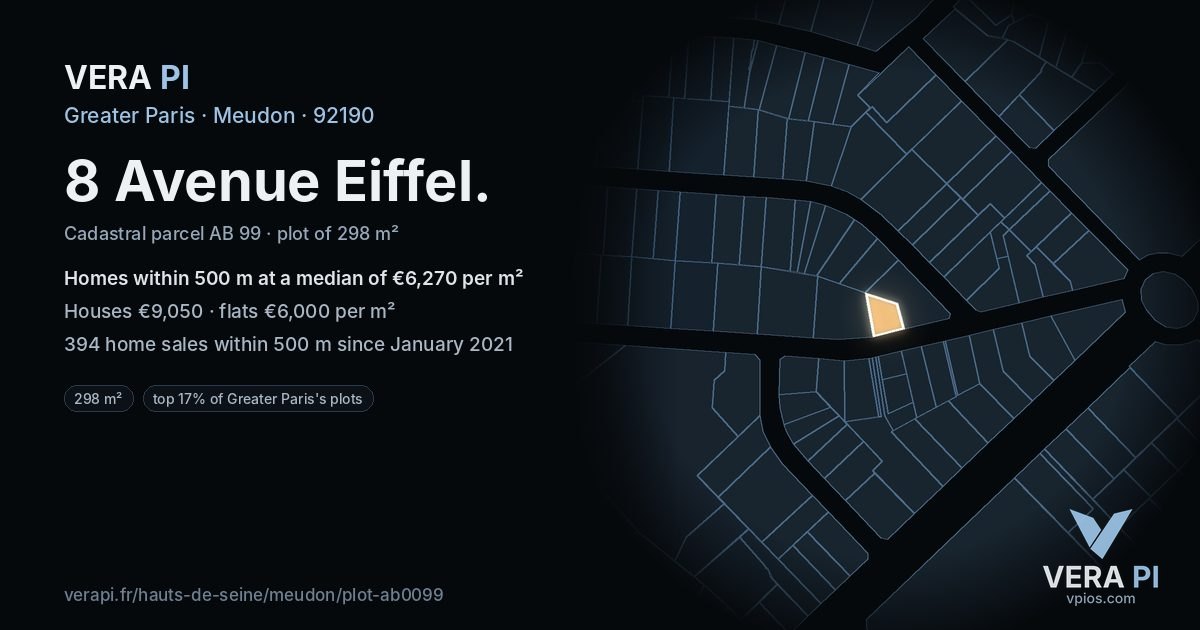 8 Avenue Eiffel, Meudon at night – the plot lit, the parcels around coloured by the prices near them