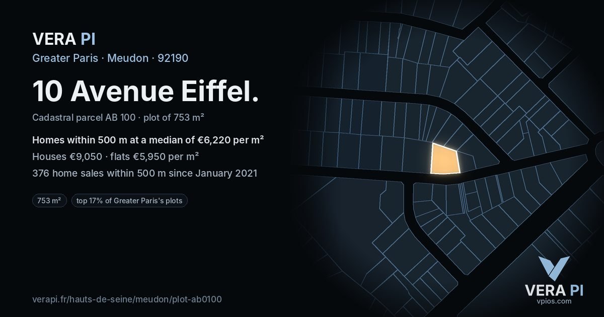 10 Avenue Eiffel, Meudon at night – the plot lit, the parcels around coloured by the prices near them