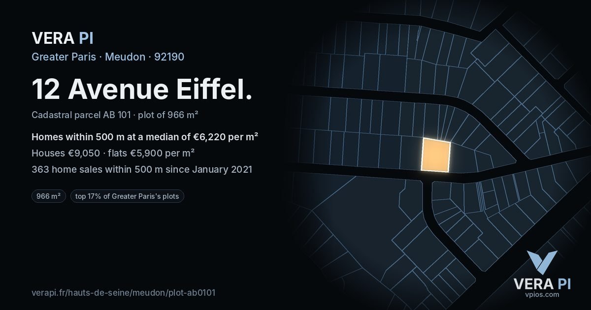 12 Avenue Eiffel, Meudon at night – the plot lit, the parcels around coloured by the prices near them