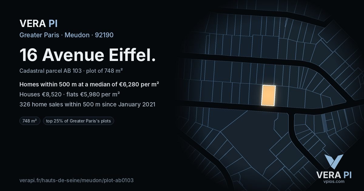 16 Avenue Eiffel, Meudon at night – the plot lit, the parcels around coloured by the prices near them