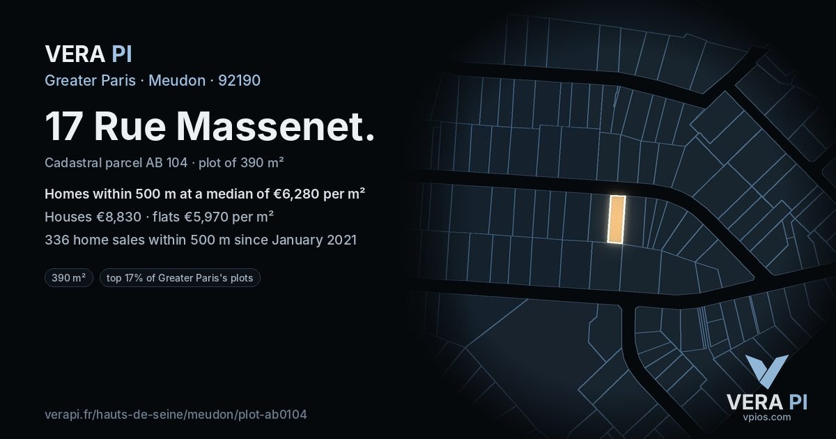 17 Rue Massenet, Meudon at night – the plot lit, the parcels around coloured by the prices near them