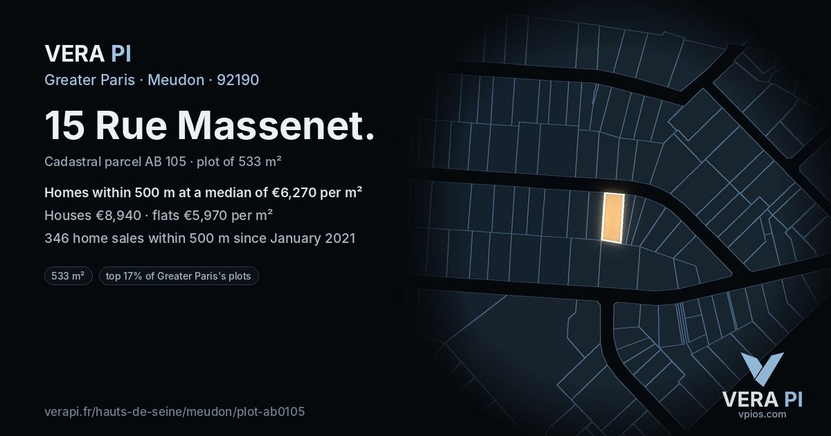 15 Rue Massenet, Meudon at night – the plot lit, the parcels around coloured by the prices near them
