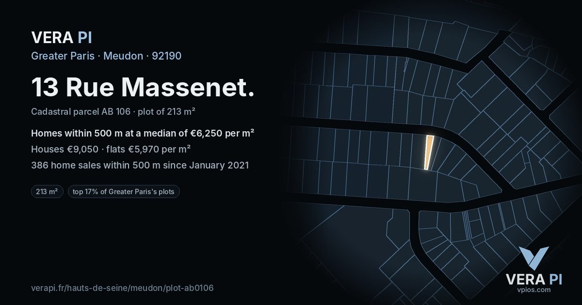 13 Rue Massenet, Meudon at night – the plot lit, the parcels around coloured by the prices near them