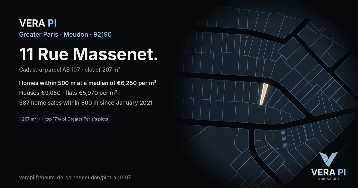 11 Rue Massenet, Meudon at night – the plot lit, the parcels around coloured by the prices near them